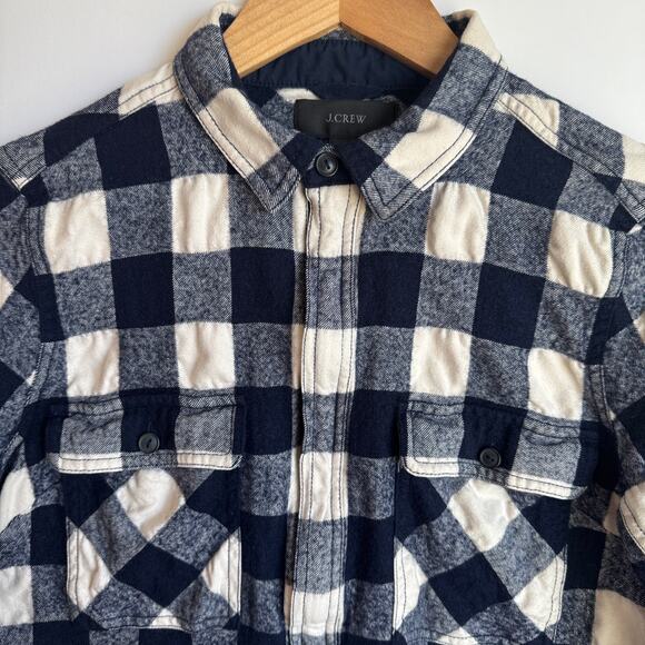 J Crew Plaid Flannel Half Zip Pullover Top Medium Buffalo Check Navy Blue White - Picture 4 of 14